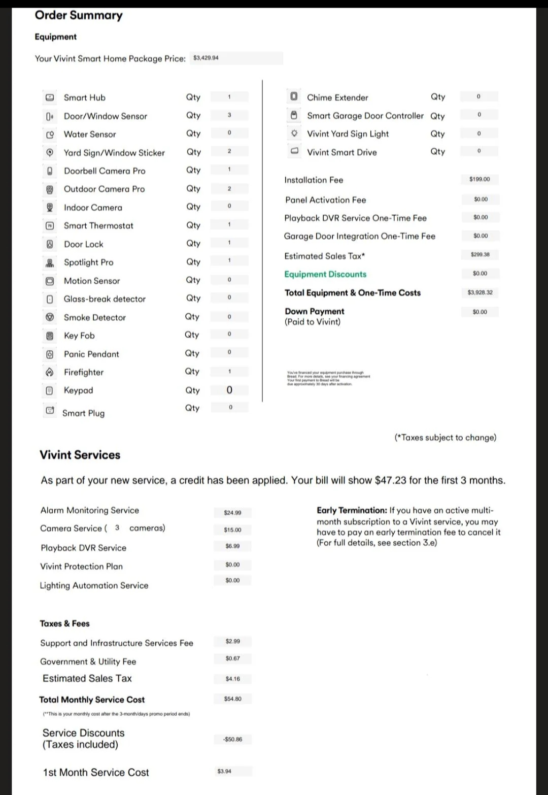 Real Vivint order summary showing $3,429.94 equipment cost financed over 60 months plus $54.80 per month in monitoring fees